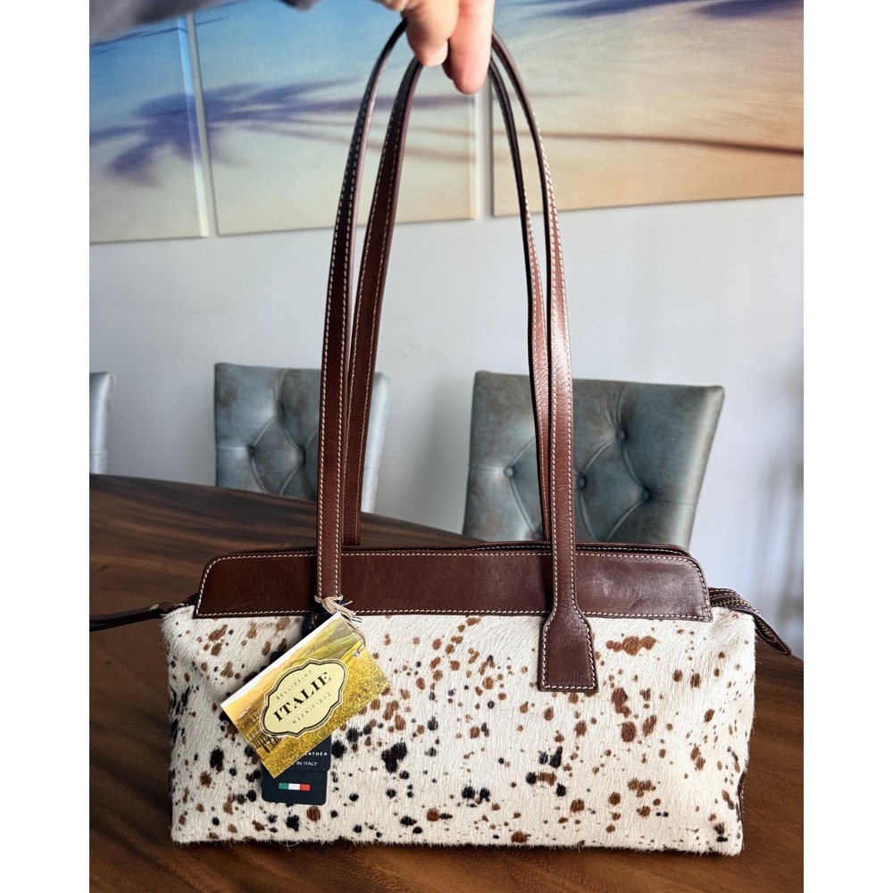 Cavalcanti Italy Cowhide Leather Tote Bag Satchel Salt & Pepper Brown White NWT